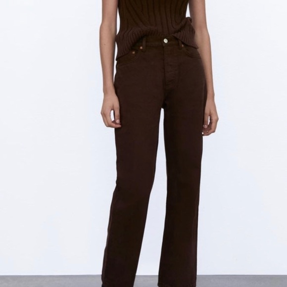 Zara Straight Leg Jeans Womens 4 Brown High Rise Button Fly Pockets Classic Fit - Picture 3 of 9